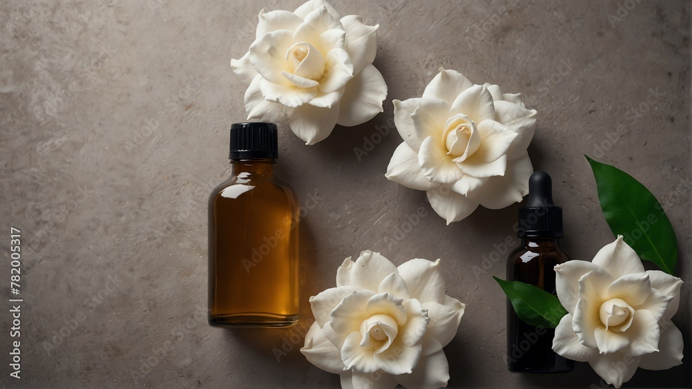 gardenia flower background with aroma therapy massage essential oil bottle from Generative AI gardenia flower background with aroma therapy massage essential oil bottle from Generative AI