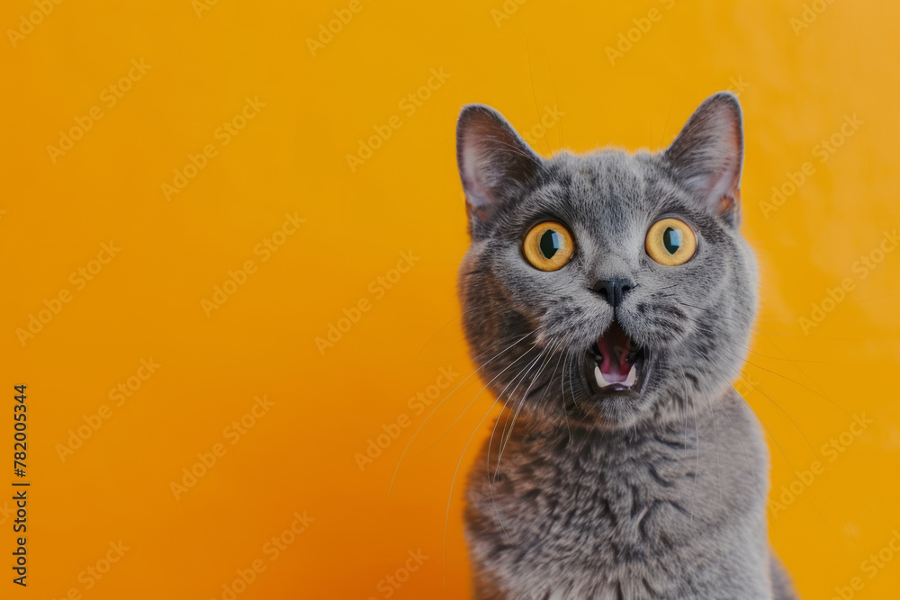 Young crazy funny surprised British short hair cat make big eyes and open mouth closeup on yellow orange background Young crazy funny surprised British short hair cat make big eyes and open mouth closeup on yellow orange background