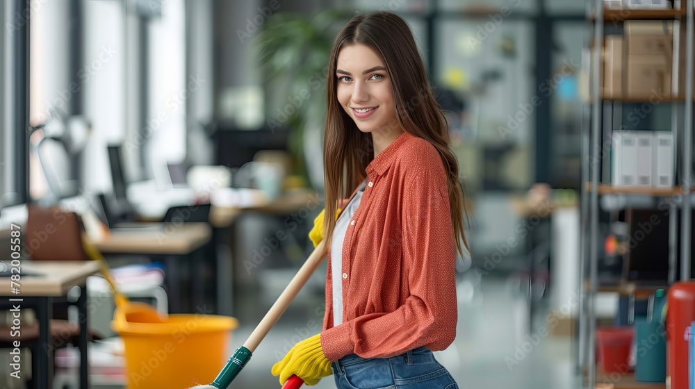 Young woman with broom and dustpan cleaning in office - obrazy, fototapety, plakaty 