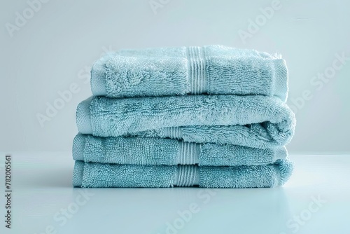 Stack of soft  fluffy light blue towels neatly arranged on a clean white background  product photography
