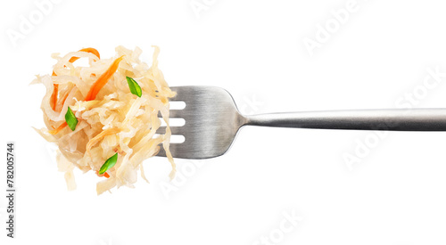 Sauerkraut with carrots and green onion on a fork isolated on white background. With clipping path.