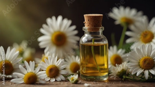 chamomile flower background with aroma therapy massage essential oil bottle from Generative AI