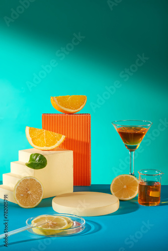 Some lemon displayed on a blue background with orange rectangular and some lemon slices. Blank space for product brand presentation and advertising cosmetic from lemon ingredient