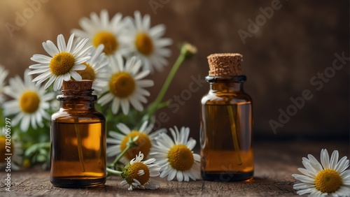 chamomile flower background with aroma therapy massage essential oil bottle from Generative AI