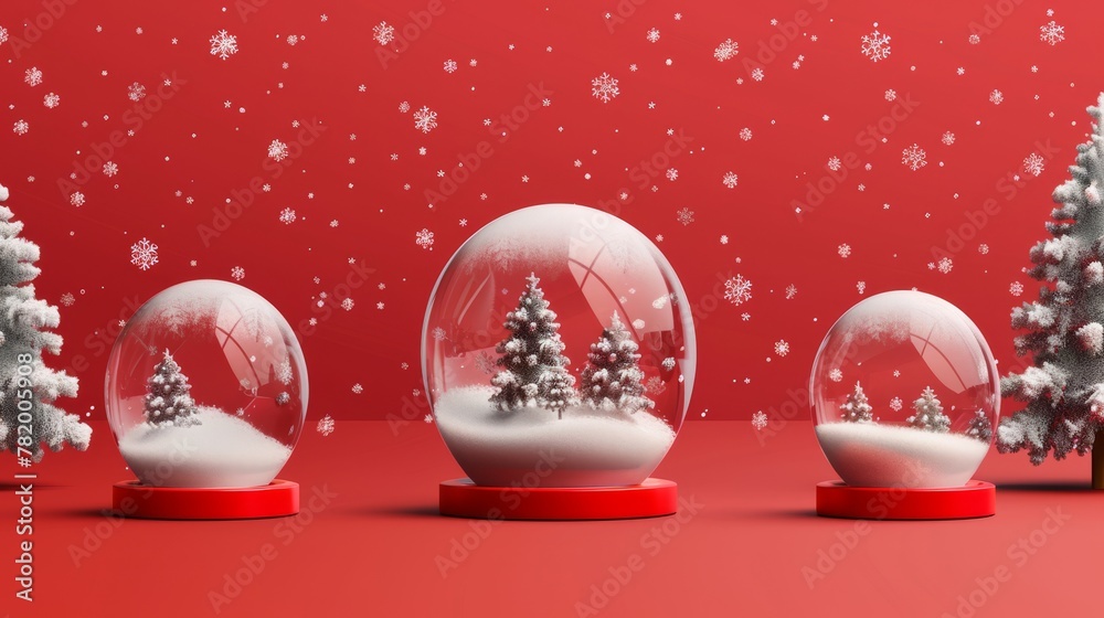Christmas snow globes. A collection of 3D Christmas snow globes on transparent backgrounds. Crystal balls with clear glass domes and red bases. A perfect Xmas gift or souvenir. - obrazy, fototapety, plakaty 