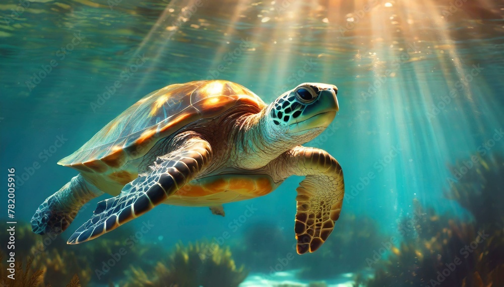 Fototapeta premium Enchanting underwater scene with a playful turtle