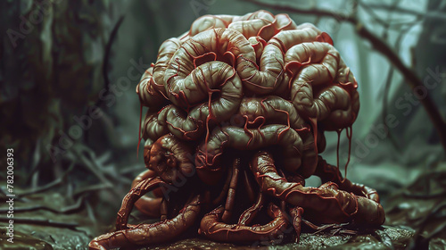 A surreal portrayal of a parasitic organism coiled around a human brain photo