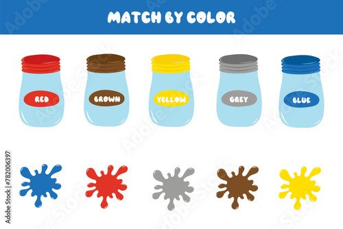 Educational children's game. Puzzle for children. Match by color. Find pairs of paint cans and blots. Studying color. Educational cards for children © Gordeeva