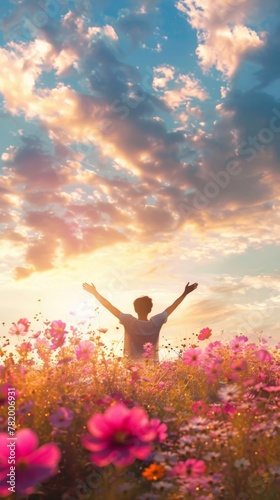 Happy Man in Blooming Flowers Field, Facing The Sky, Success Celebration,Thanks Gesture, Blessing God