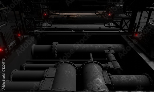 View of steel pipe under floor general base of operations in dark scene 3d render sci-fi wallpaper background