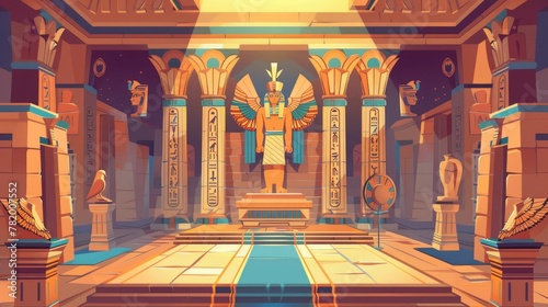 Cartoon illustration of a tomb of the pharaoh in ancient Egypt with golden sarcophagus, hieroglyphs and murals, scarab beetles, and ritual vases.