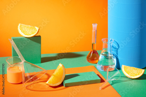 Front view of laboratory orange concept with lab glasses on colorful background. Orange juice is naturally high in nutrients like vitamin C and potassium
