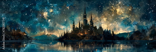 mystical castle nestled amidst rolling hills and shimmering lakes, soft washes of enchanted watercolors.