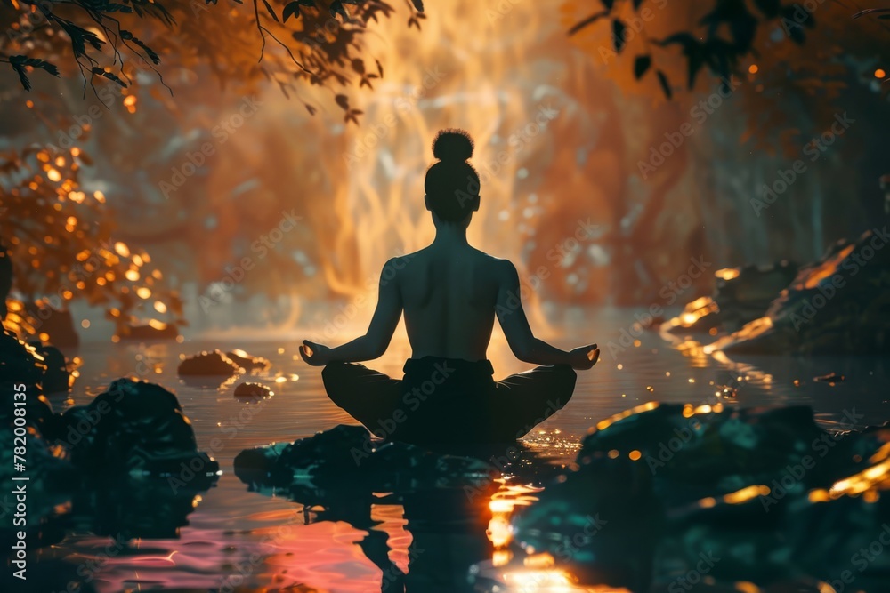 A silhouette of a person meditating in lotus pose by a serene lake at dusk, surrounded by a fiery forest backdrop. Meditation in Nature with Fiery Backdrop A silhouette of a person meditating in lotus pose by a serene lake at dusk, surrounded by a fiery forest backdrop. Meditation in Nature with Fiery Backdrop