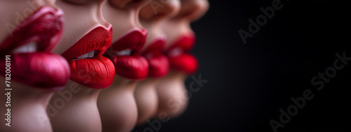 A group of women with red lips are lined up. Concept of beauty and confidence. different shadows of the red colour aplied on one lips. Close up photo