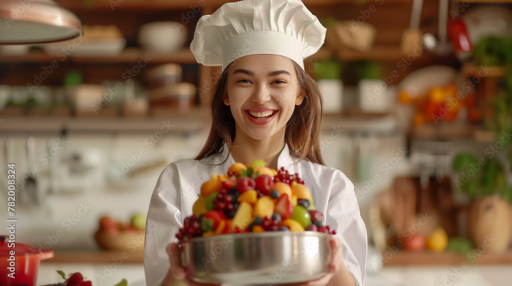 A woman wearing a chef's hat is holding a bowl of fruit. She is smiling and she is happy. a cute girl chef, white cap on her with a laugh, showing cake in her hands in a stylish modern kitchen