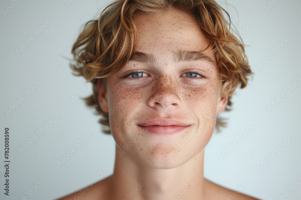 A handsome guy with freckles and blue eyes on a light background. A handsome guy with freckles and blue eyes on a light background.