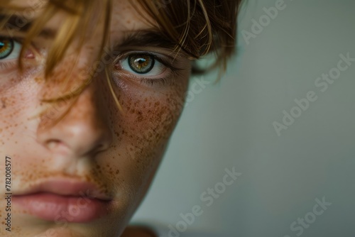 Sad guy with freckles in close-up.