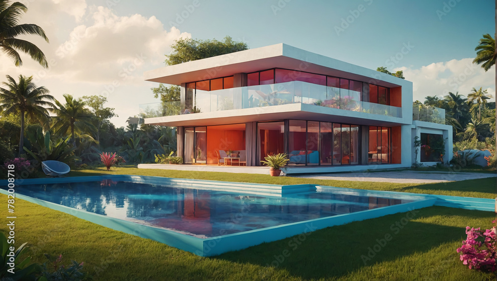 Modern style two-storey luxury house with private swimming pool, Generative ai Modern style two-storey luxury house with private swimming pool, Generative ai