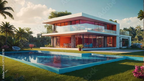 Modern style two-storey luxury house with private swimming pool, Generative ai
