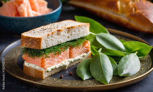 A delicious open-faced sandwich with smoked salmon, cream, and fresh greens on toasted bread, presented on a dark plate and sprinkled with seasoning.