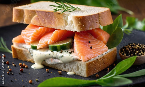 A delicious open-faced sandwich with smoked salmon, cream, and fresh greens on toasted bread, presented on a dark plate and sprinkled with seasoning.