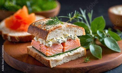 A delicious open-faced sandwich with smoked salmon, cream, and fresh greens on toasted bread, presented on a dark plate and sprinkled with seasoning.