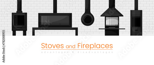 Stoves and fireplaces without fire. Wood burners, black home heaters, potbelly oven and white brick wall. Vector flat cartoon banner, illustration for advertising or information poster photo