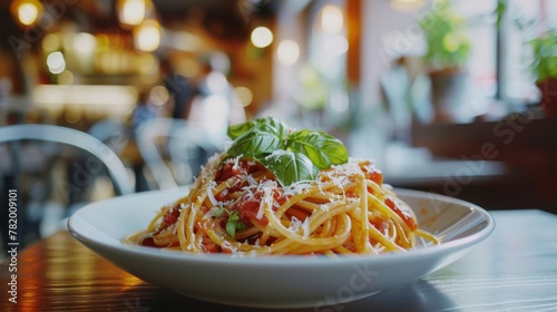 A delicious plate of spaghetti with tomato sauce and basil.