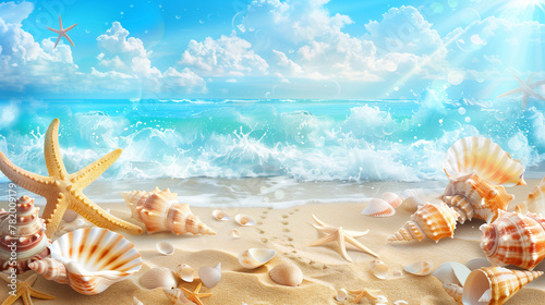 Seashore Splendor: Panoramic Beach View Adorned with Seashells