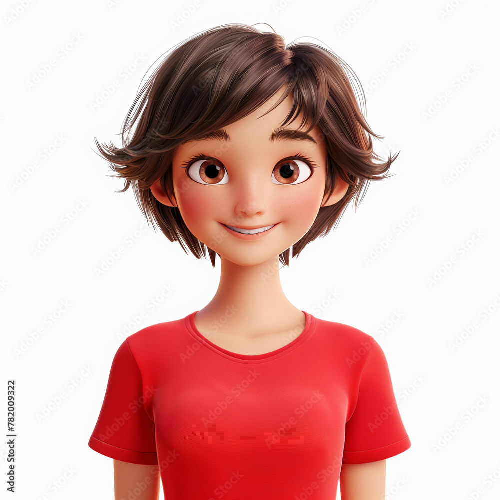 portrait of cute smiling brunette girl with short hair in red t-shirt. Teen character 3d render avatar minimal style on white background portrait of cute smiling brunette girl with short hair in red t-shirt. Teen character 3d render avatar minimal style on white background