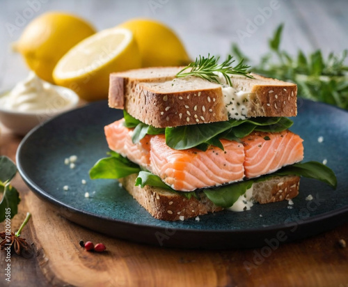 A delicious open-faced sandwich with smoked salmon, cream, and fresh greens on toasted bread, presented on a dark plate and sprinkled with seasoning.