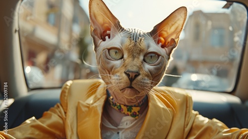 Sphynx cat in a yellow suit driving a car