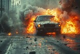 A dramatic scene of a car exploding on a city road with intense fire, thick smoke, and debris flying around