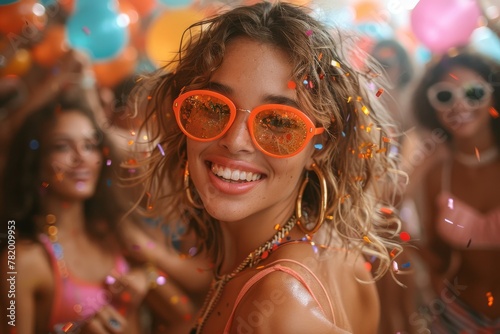 A smiling young woman wearing orange sunglasses is the centerpiece of this fun, confetti-filled party scene