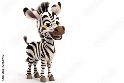 Cute laughing zebra, in animated 3d cartoon style, with big eyes, smiling, with a happy expression on a white background