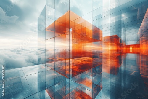 Brilliant orange elements accentuate a futuristic high-rise building design on a backdrop of clouds photo
