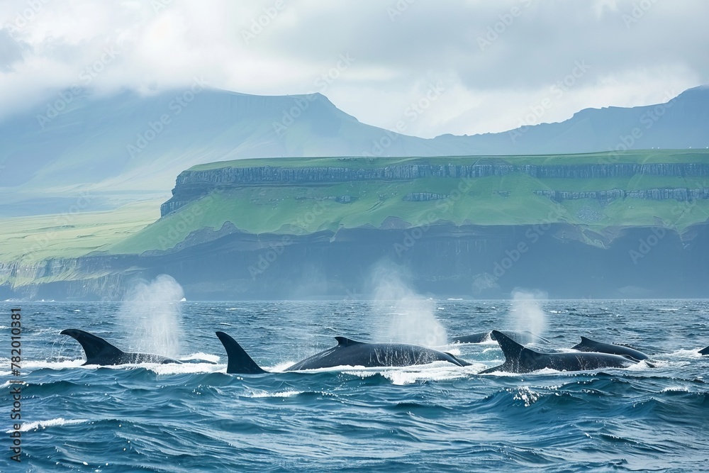 Fototapeta premium Family of whales in the ocean top view generated AI
