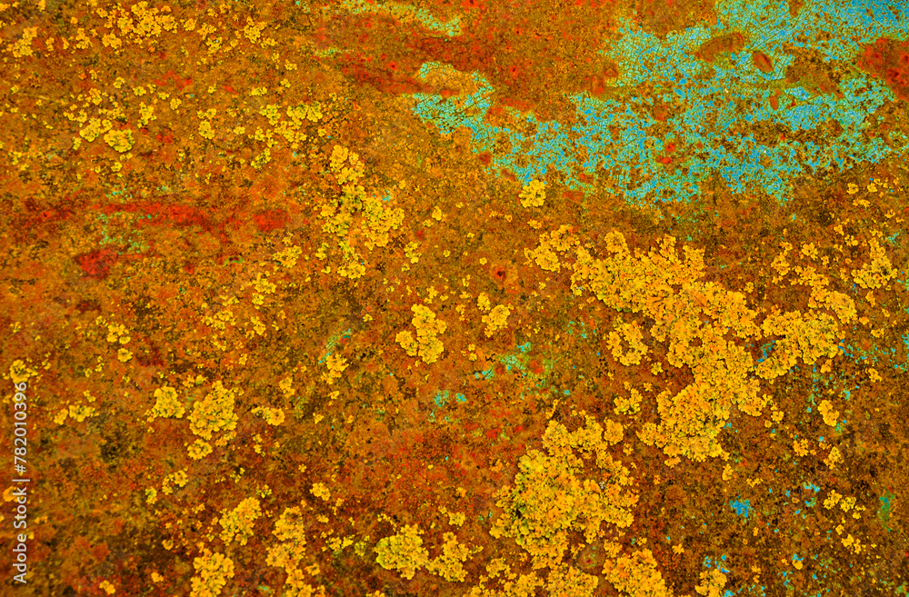 Grunge metal colorful background. Rusty metal texture, mixture of mankind and nature elements. Grunge dirty metallic textured nature art. Rusted metallic background.