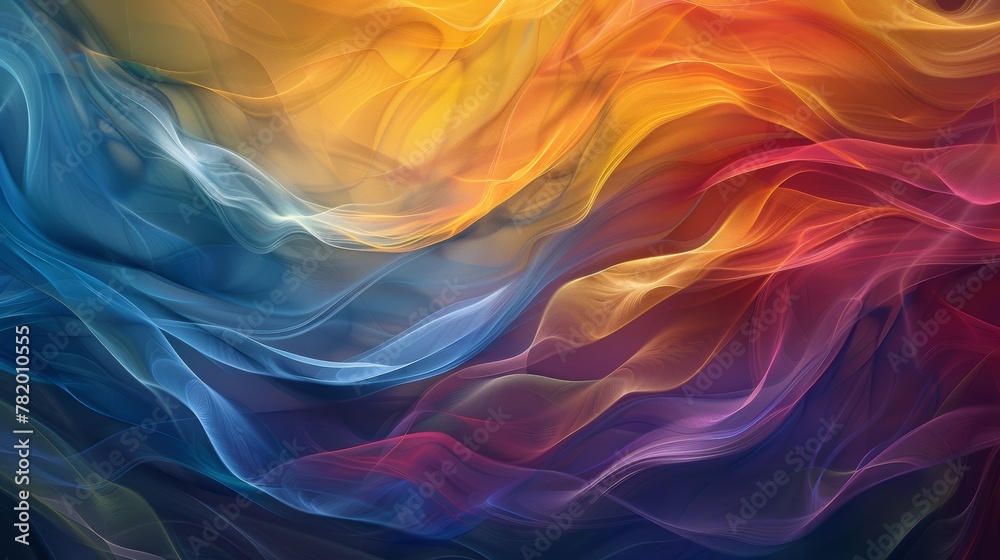 This image captures the ethereal beauty of smooth, flowing colors blending together like silk, with waves of blue, yellow, and red creating a visually soothing texture.