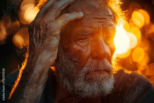 An elderly man contemplates as the orange hue of the setting sun gently caresses his skin and beard