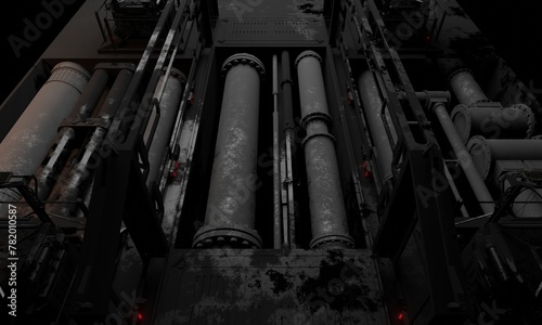 View of steel pipe under floor in general base of operations 3d render sci-fi wallpaper background