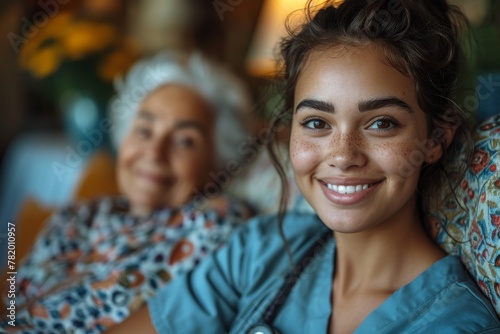 A heartwarming image of a young caregiver smiling with an elderly patient in the background