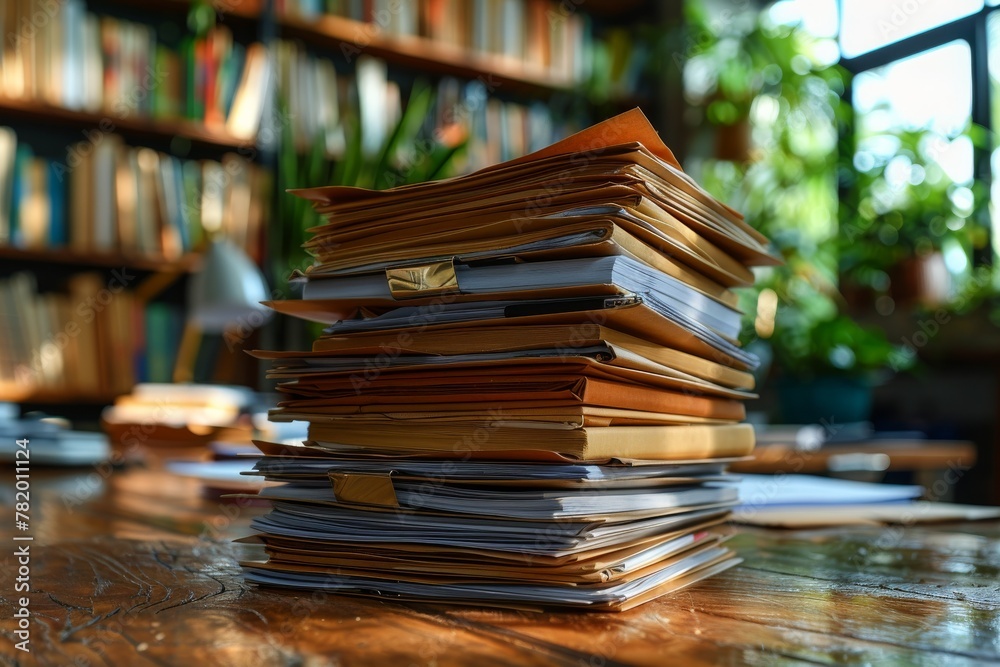 An image capturing a stack of closed brown folders with labels sitting atop a polished wooden table An image capturing a stack of closed brown folders with labels sitting atop a polished wooden table