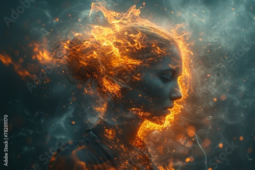 Artistic representation of a woman's side profile with flames and smoke creating a mystical effect