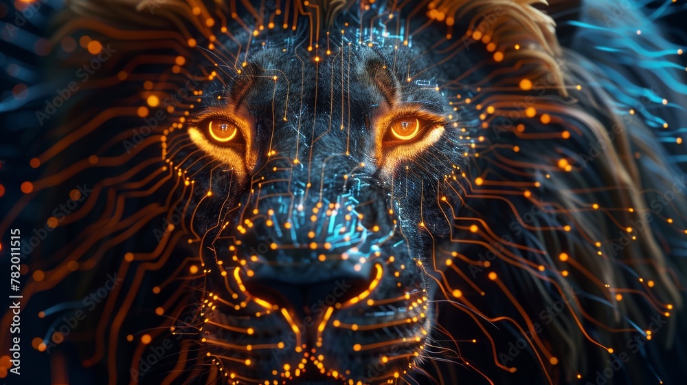 This stunning image captures the essence of a lion with a digital twist, featuring glowing circuit patterns overlaying the regal creature's face, symbolizing the merge of nature and technology.