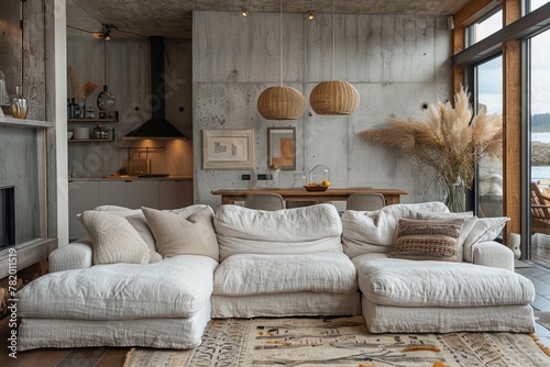 Cozy setup featuring a plush L-shaped couch, earthy tones, and a rustic touch complemented by warm lighting