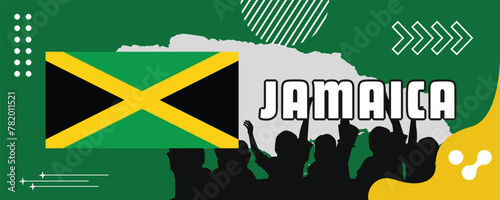 Jamaica day banner with map and abstract background.