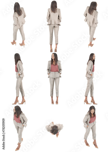 Set of orthographic isometric views of young happy business woman walking. Full body isolated on transparent background.	