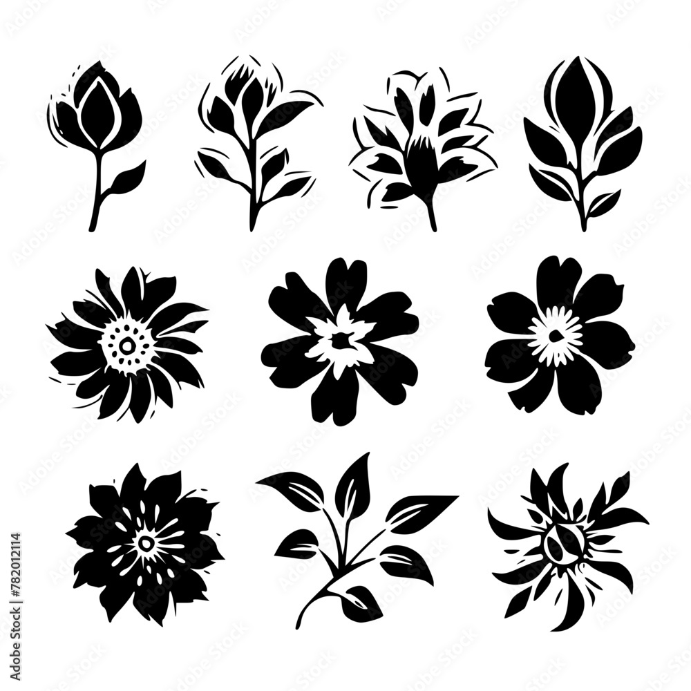flower, floral, pattern, vector, set, nature, flowers, design, illustration, art, seamless, spring, summer, decoration, plant, ornament, collection, pink, icon, blossom, leaf, color, daisy, element, s
